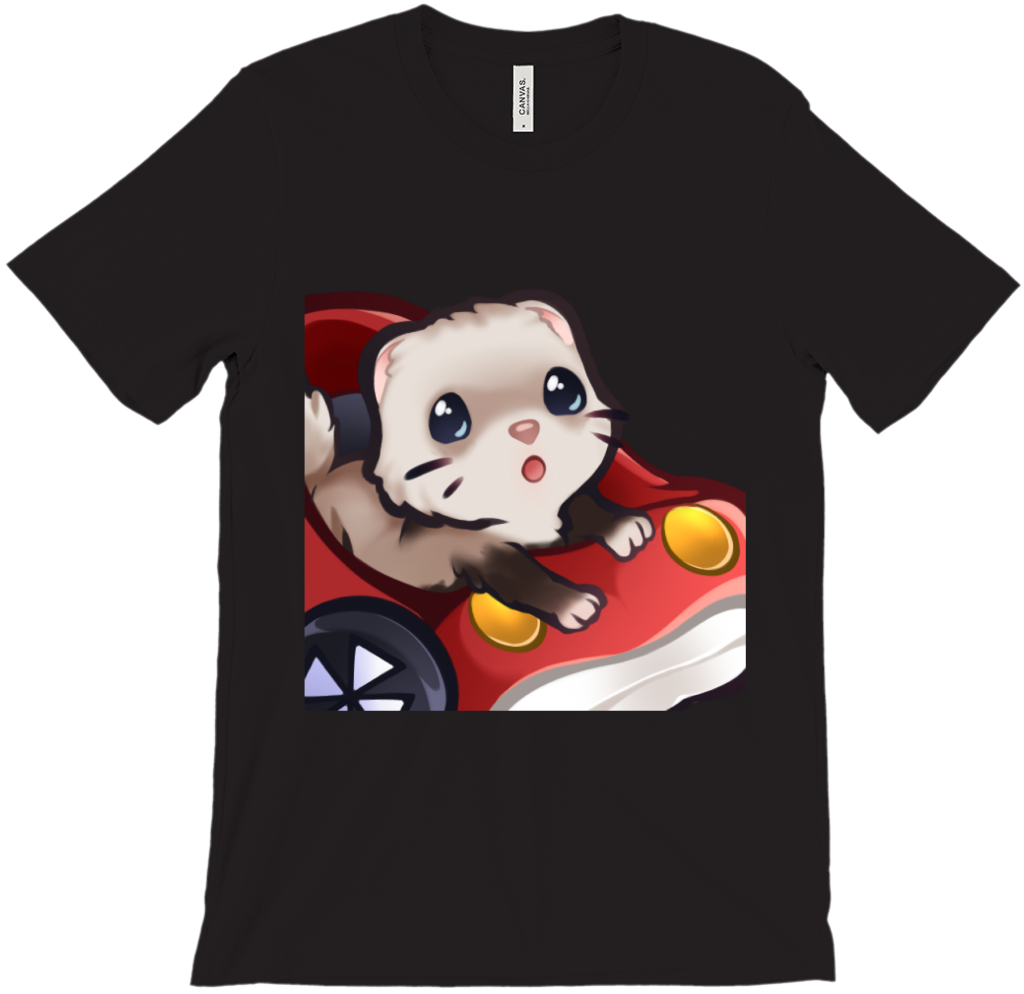 A unisex T-Shirt Featuring streams favourite furry noodle Freya the Ferret in a tiny red car.